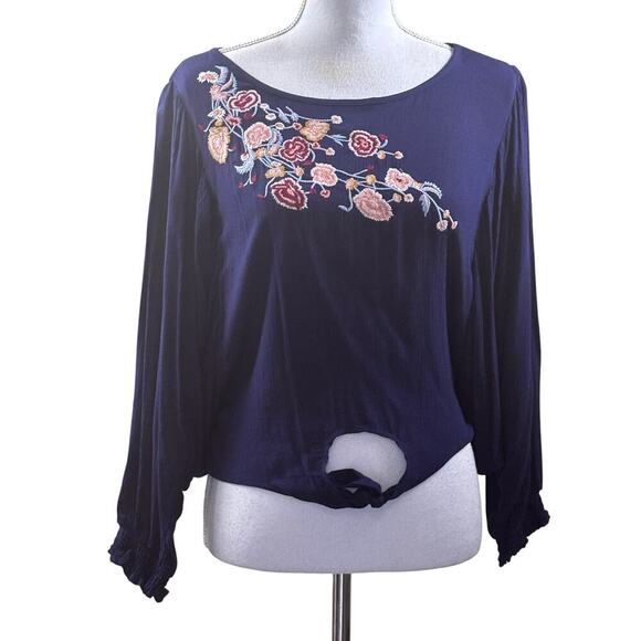 Navy peasant top, NWT, embroidered, bohemian, gypsy, concert, festival, romantic - Picture 1 of 8